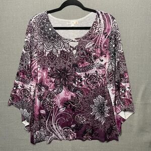 Soleillee Light Tunic Sweater V Neck Slinky Paisley Sparkle Boho Dark Floral 1X